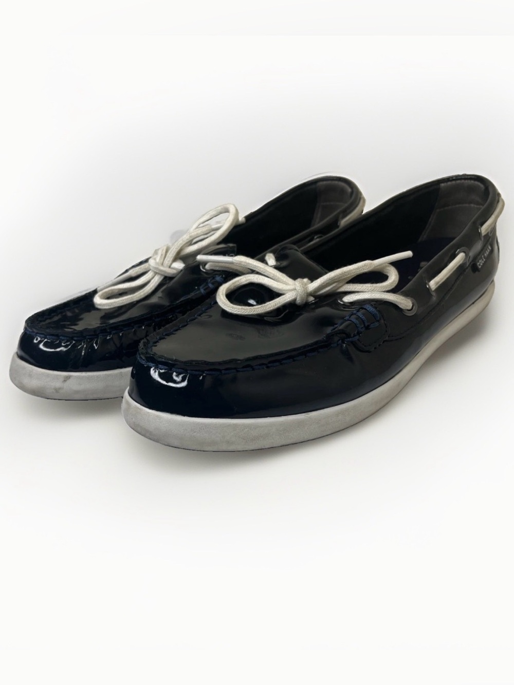 Cole Haan Women’s Nantucket CampNavy Patent Moccasin Boat Shoes with White Laces